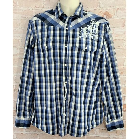 Express Long Sleeve White Front Snap Embroidered Blue Plaid Shirt Men's Large - Picture 1 of 8